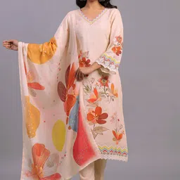 Trendmalls Women Floral Printed Regular Thread Work Kurta with Trousers & With Dupatta-12