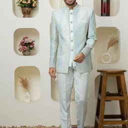 Dulha Ghar Men Embroidered Mandarin Collar Bandhgala Two-Piece Suit-image-65