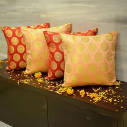 RoyalDeco Red & Coral 4 Pieces Mandala Ethnic Motifs Brocade Square Cushion Covers-image-40