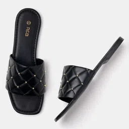 R&B Women Black Casual Open Toe Flats-11