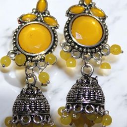 Jolly Faces Artificial Stones Studded And Beaded Dome Shaped Oxidised Jhumkas-11