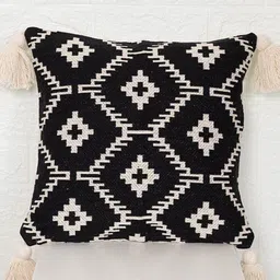 Aura Cream And Black Geometric Woven Design Square Shaped Cotton Cushion Covers-6