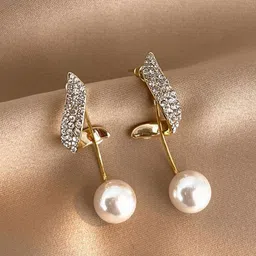 Celestria Artificial Stones Studded And Beaded Korean Contemporary Drop Earrings-4