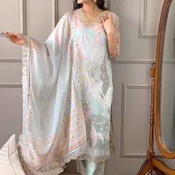 CANBIA Floral Printed Regular Kurta With Trousers & Dupatta-6