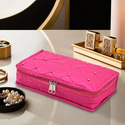 Kuber Industries Pink & Gold Toned Satin Jewellery Organiser Kit With 6 Pouches-24