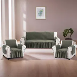 Kuber Industries Green 3 Pieces Self Design Velvet Sofa Covers With Arms-46