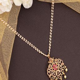 Sangria Gold-Plated Cubic Zirconia Studded And Pearls Beaded Pendant Necklace-10