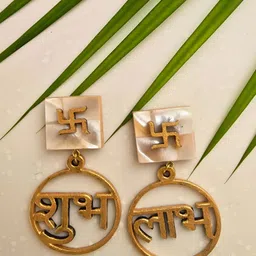 HOMEARTE Mother Of Pearl 2-Pcs White Swastik Shubh Labh Door Hangings-picture-1