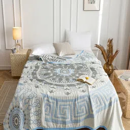 JC HOME White & Blue Ethnic Motifs AC Room 350 GSM Double Bed Quilt-picture-5