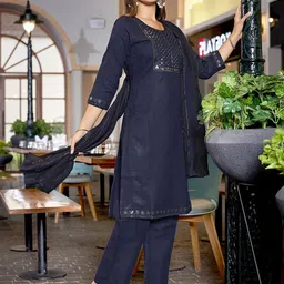 DIVASTRI Women Ethnic Motifs Embroidered Regular Sequinned Kurta with Trousers & With Dupatta image 5