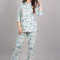 SHOPAXIS Floral Printed Shirt Collar Pure Cotton Relaxed Fit Tunic And Trousers-picture-16