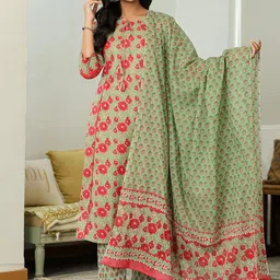 Yufta Women Floral Embroidered Regular Patchwork Pure Cotton Kurta with Trousers & With Dupatta-28