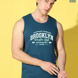 WOOSTRO Pack Of 2 Printed Combed Cotton Gym Vests VWS26(BKLN PEACOCK)(PLAIN LGTGREEN)-13
