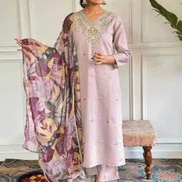 Piludi Women Floral Embroidered Regular Chanderi Silk Kurta with Trousers & With Dupatta-picture-16