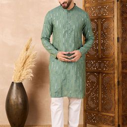 House of Pataudi Men Embroidered Sequinne Mandarin Collar Straight Kurta-image-25