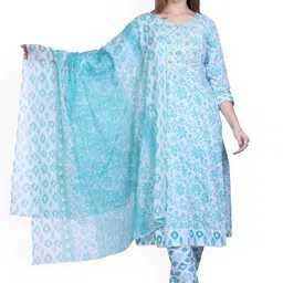 WOOL 4U Women Floral Printed Empire Kurta with Trousers & With Dupatta-picture-16