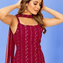 PARROT CREATION Floral Embroidered Thread Work Georgette Kurti With Sharara And Dupatta image 4