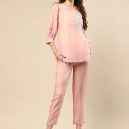 Moda Rapido Floral Embellished Round Neck Tunic With Trousers-image-87