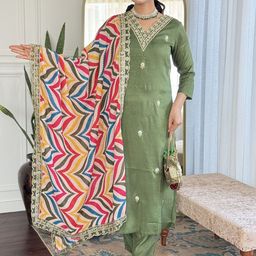 HERE&NOW Floral Embroidered V-Neck Thread Work Straight Kurta With Trousers & Dupatta-10