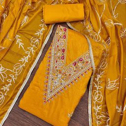 SAINOORFloral Embroidered Pure Silk Semi-Stitched Dress Material-image-5