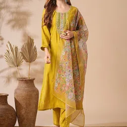 Growdamy Ethnic Motifs Embroidered Chanderi Cotton Kurta with Trousers & Dupatta-49