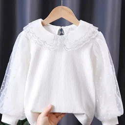 YK Girls Ribbed Peter Pan Collar Cotton Top-picture-19