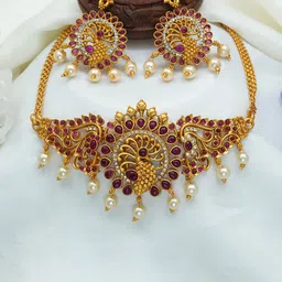 Diksha collection Brass-Plated Stone Studded & Beaded Matte Finish Jewellery Set-image-28