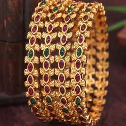 SGA FASHION Set Of 4 Gold-Plated Flower Traditional Temple Bangles-11