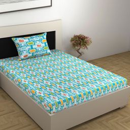 Divine Casa Blue & White 144 TC Single Bedsheet with 1 Pillow Covers-image-94