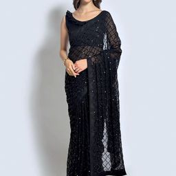 Peachmode Checked Beads and Stones Pure Georgette Saree-image-96
