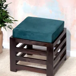 Ikiriya Sheesham Wood Stool In Dark Mahagony Finish With Turquoise Sea Velvet Cushion-48