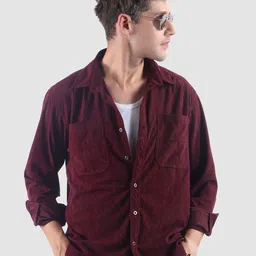 Beyoung Men Wine Lazer Cut Stripe Textured Corduroy Shirt-image-67