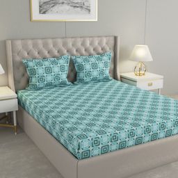 Raymond Home Turquoise Blue & Black Geometric 124 TC Queen Bedsheet with 2 Pillow Covers-image-21