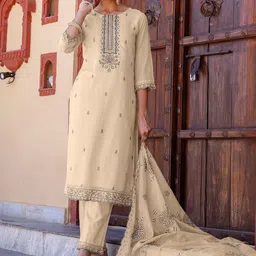 SANISA Floral Embroidered Round Neck Thread Work Straight Kurta With Trouser & Dupatta-picture-16