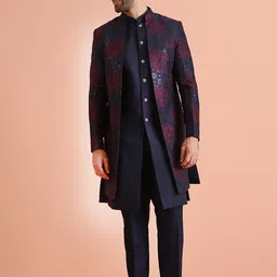 KISAH Men Jacquard Regular Solid Jacket Sherwani Trouser Set-picture-29