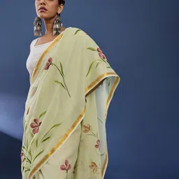Taavi Floral Hand Block Print Pure Cotton Saree With Blouse-image-89