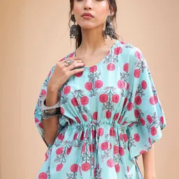 Shae by SASSAFRAS Floral Printed V-Neck Pure Cotton Pleated Kaftan Kurti-image-58