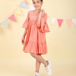 Fabindia Embroidered Flared Sleeve Fit & Flare Dress-image-57