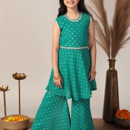 Sangria Girls Teal Floral Printed Round Neck A-Line Georgette Kurta With Sharara-image-33