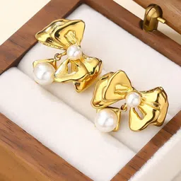 KRYSTALZ Stainless Steel Gold-Plated Pearls Beaded Bow Shaped Studs-picture-45