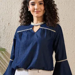 StyleStone Keyhole Neck Bell Sleeve Cotton Denim Crop Top-image-96