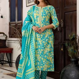 Indo Era Women Floral Printed Regular Pure Cotton Kurta with Trousers & With Dupatta-34