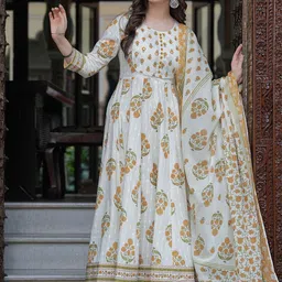 Mizaz Women Floral Printed Layered Mirror Work Pure Cotton Kurta with Trousers & With Dupatta-picture-22