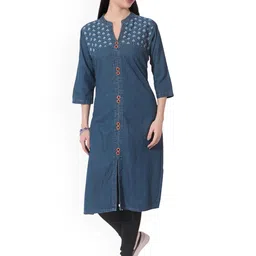 CEFALU Floral Embroidered Thread Work Mandarin Collar Denim Straight Kurta-46