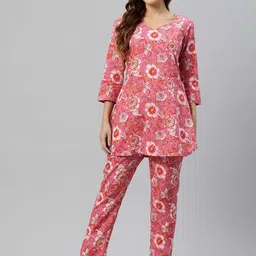 HRITIKA Floral Printed Pure Cotton V-Neck Tunic With Trousers-picture-28
