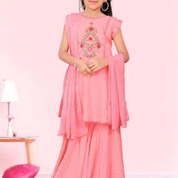 KALINI Floral Yoke Design Round Neck Thread Work A-Line Kurta With Sharara & Dupatta-image-22