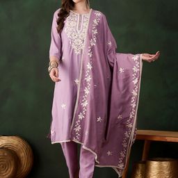 SAINOOR Floral Embroidered Thread Work Pure Silk Semi-Stitched Dress Material-image-63