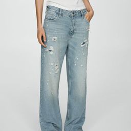 MANGO Women Pure Cotton Tapered Fit High-Waist Mildly Distressed Light Fade Jeans-image-77