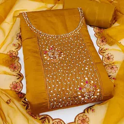 SHADOW & SAINING Floral Embroidered Sequinned Pure Silk Semi-Stitched Dress Material-image-61