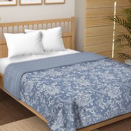CHICERY Blue & White Floral Printed 210 GSM Pure Cotton AC Room Single Bed Dohar-11